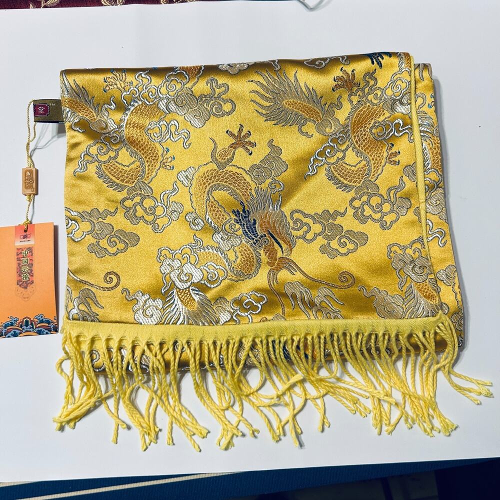 Chinese Yunjin Silk Scarf Shawl Gold Phoenix | 100% Mulberry Silk | New w/ Tags